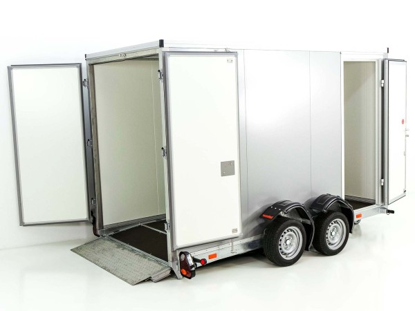 Koffer-Absenkanhänger Vezeko 157x343cm Höhe:210cm 2,7t|Tür|E-Pumpe|silber